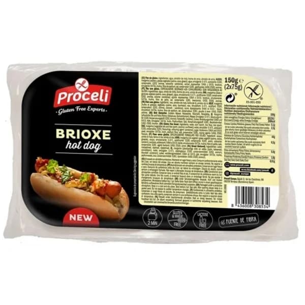 Pan hot dog Brioxe Proceli sin gluten y sin lactosa pack de 2 unidades de 75 g. - 0.15 kg - Imagen del producto en Findit