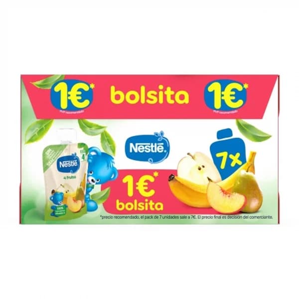 Bolsita de 4 frutas desde 4 meses Nestle sin gluten y sin azúcar añadido pack 7 unidades 90 g. - 1 ud - Imagen del producto en Findit