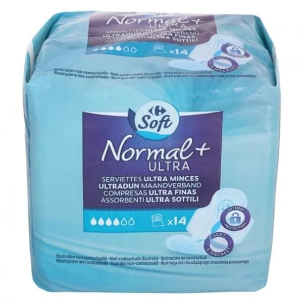 Compresa ultra finas normal con alas Carrefour Soft 14 ud. - 14 ud - Imagen del producto en Findit