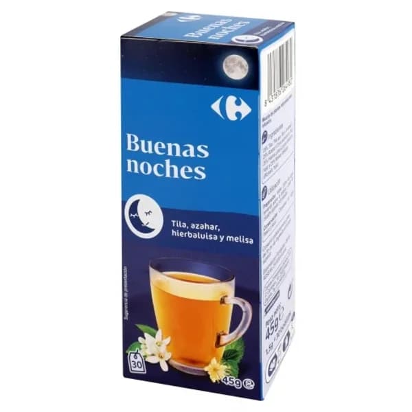 Infusión Buenas Noches con tila, azahar, hierbaluisa y melisa en bolsitas Carrefour 30 ud. - 0.05 kg - Imagen del producto en Findit