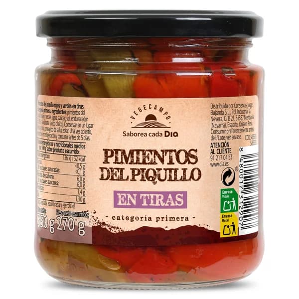 Pimientos del piquillo rojo y verde en tiras Vegecampo de Dia frasco 270 g - 0.27 kg - Imagen del producto en Findit