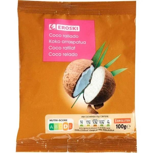 Coco rallado EROSKI, bolsa 100 g - 0.1 kg - Imagen del producto en Findit