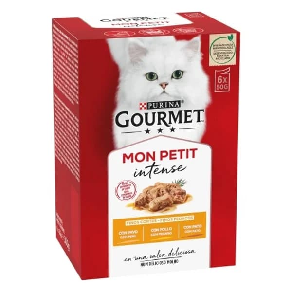 Comida húmeda de pato, pollo y pavo para gato adulto Purina Gourmet Mon Petit 6x50g. - 0.3 kg - Imagen del producto en Findit