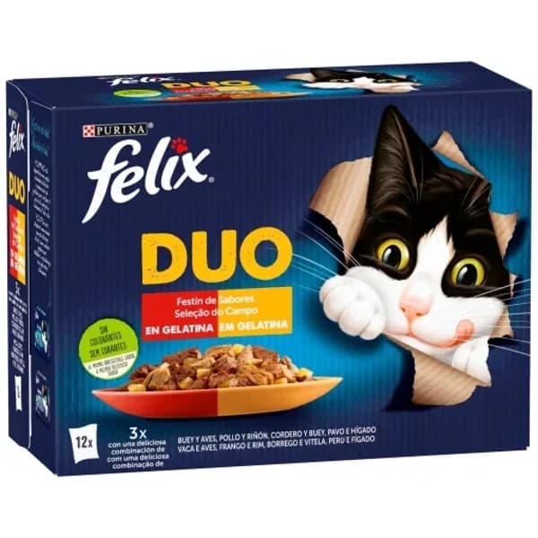 Gelatina selección de carnes para gatos Felix Duo Purina 12 sobres - 1.02 kg - Imagen del producto en Findit