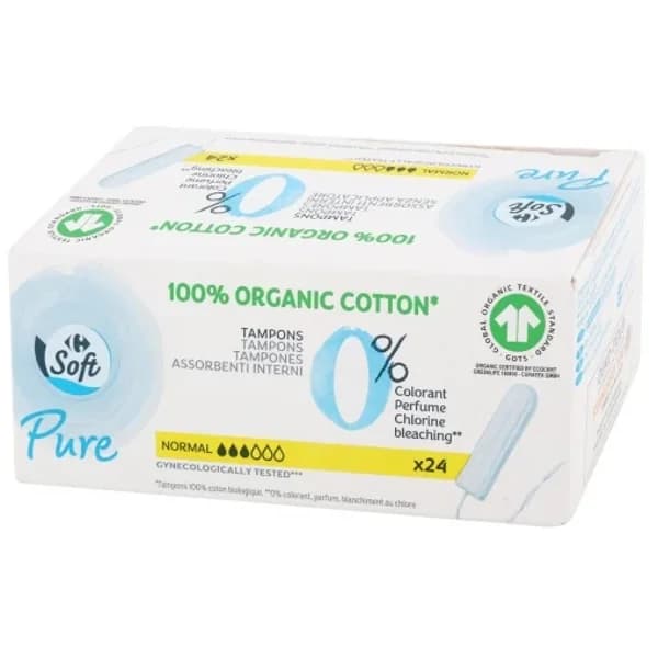 Tampones sin aplicador normal ecológicos Carrefour Soft Pure 24 ud. - 23.63 ud - Imagen del producto en Findit