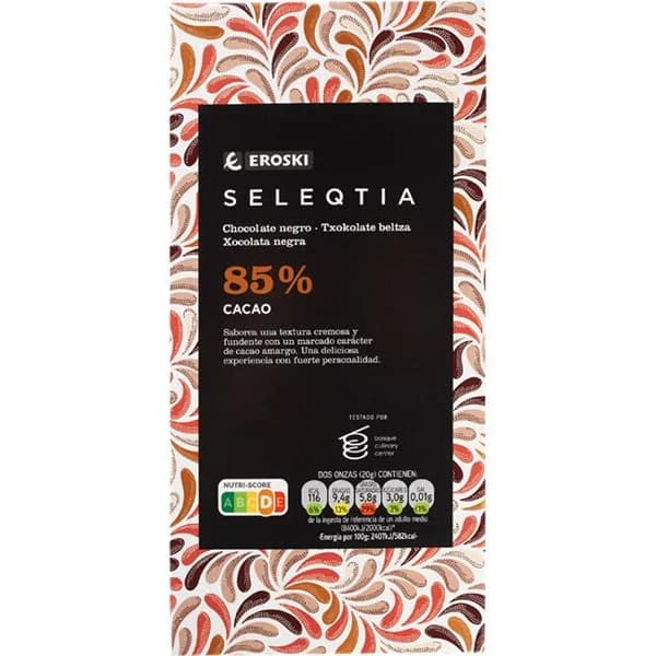 Chocolate negro 85% cacao EROSKI SELEQTIA, tableta 100 g - 0.1 kg - Imagen del producto en Findit