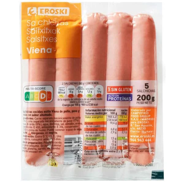 Salchichas Viena EROSKI, sobre 200 g - 1 ud - Imagen del producto en Findit