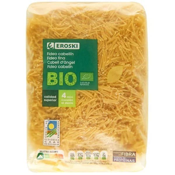 Fideo cabellín EROSKI BIO, paquete 500 g - 1 ud - Imagen del producto en Findit
