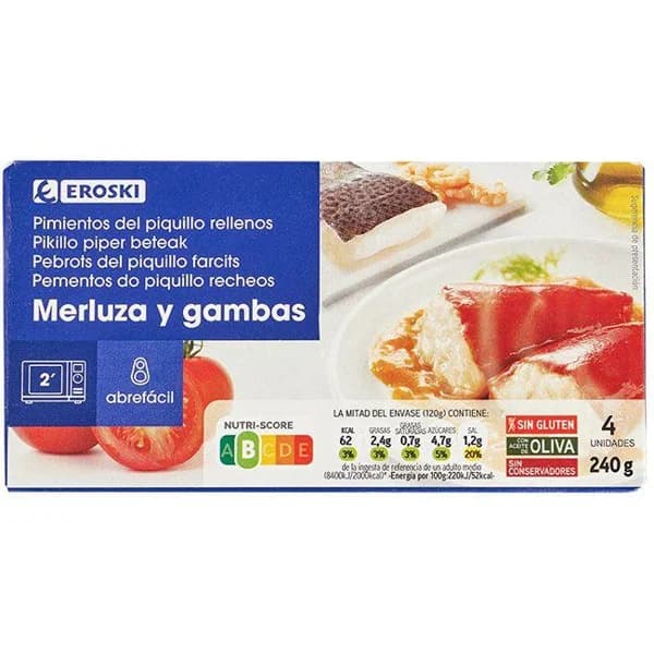 Pimientos rellenos de merluza-gambas EROSKI, lata 240 g - 1 ud - Imagen del producto en Findit