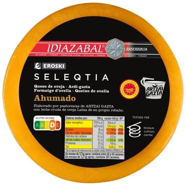 Queso Idiazabal ahumado EROSKI SELEQTIA, al corte, compra mínima 250 g - 0.25 kg - Imagen del producto en Findit