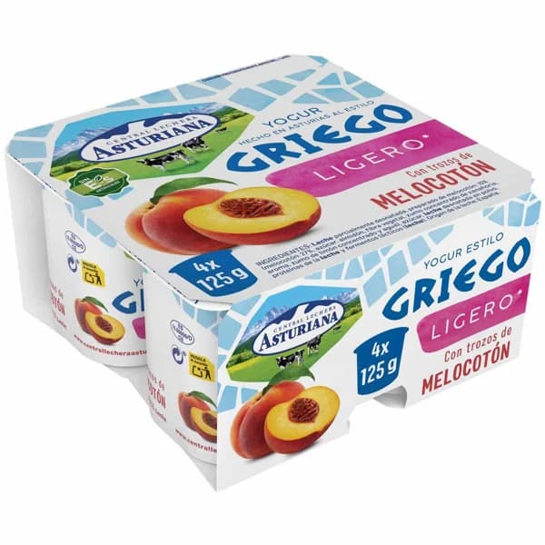 Yogur griego ligero con melocotón ASTURIANA pack 4x125 g - 1 ud - Imagen del producto en Findit