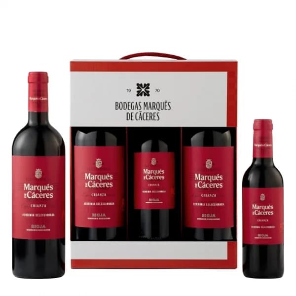 Estuche de 2 botellas de vino tinto crianza 75 cl. + 1 botella tinto crianza Marqués de Cáceres D.O. Ca. Rioja 37,5 cl. - 1 ud - Imagen del producto en Findit