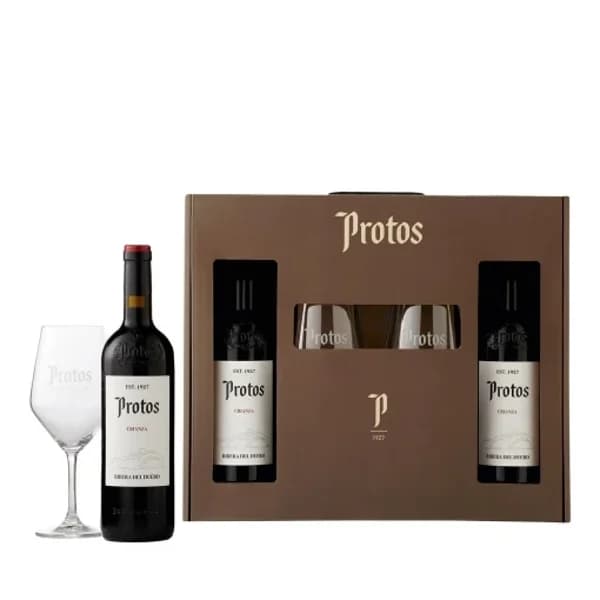 Estuche de 2 botellas de vino tinto crianza Protos D.O. Ribera del Duero 75 cl + 2 copas - 1 ud - Imagen del producto en Findit