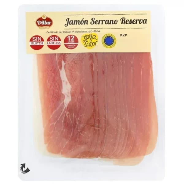 Jamón serrano reserva en lonchas Villar sin gluten y sin lactosa 180 g - 0.18 kg - Imagen del producto en Findit