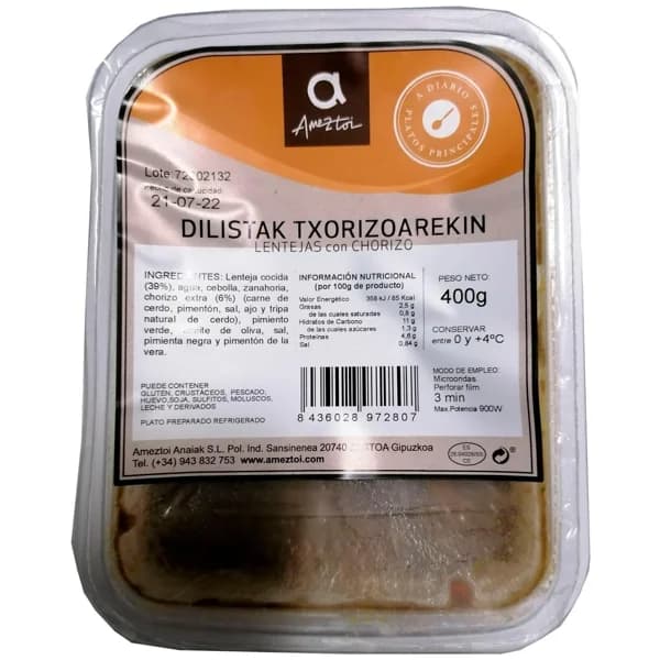 Lentejas con chorizo AMEZTOI, bandeja 400 g - 0.4 kg - Imagen del producto en Findit