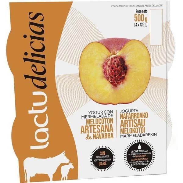 Yogur c/ mermelada de melocotón Navarra LACTUYOGUR, pack 4x125 g - 1 ud - Imagen del producto en Findit