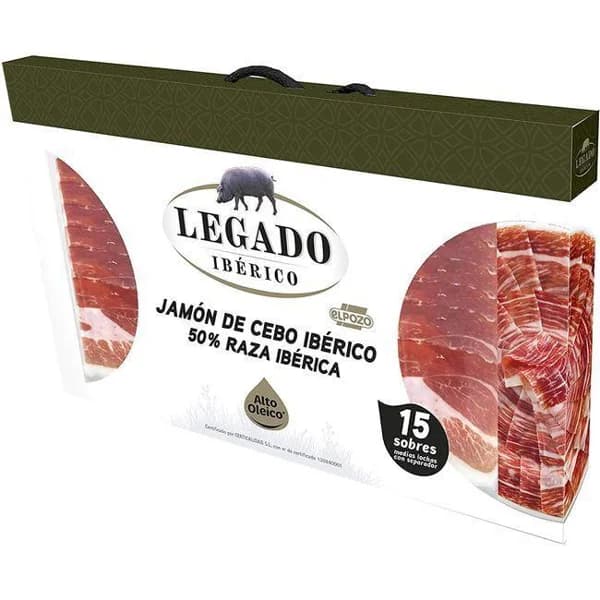 Estuche de jamón de cebo 50% raza ibérica LEGADO, pack 15x50 g - 0.75 kg - Imagen del producto en Findit