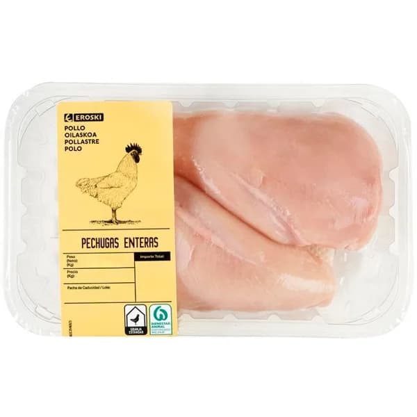 Pechugas enteras de pollo 2 ud EROSKI, bandeja 580 g - 0.58 kg - Imagen del producto en Findit