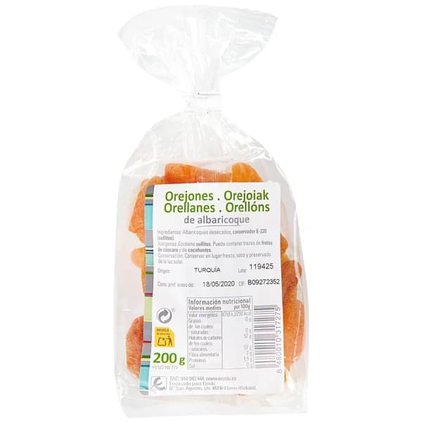 Orejón de albaricoque EROSKI, bolsa 200 g - 1 ud - Imagen del producto en Findit