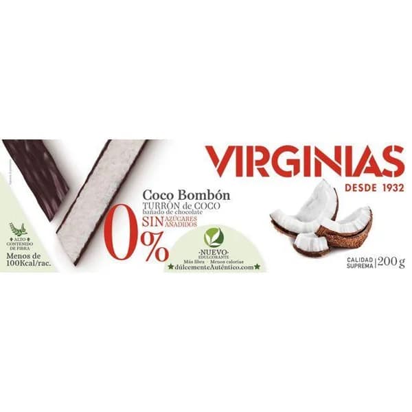 Turrón de coco y bombón sin azúcar VIRGINIAS, caja 200 g - 1 ud - Imagen del producto en Findit