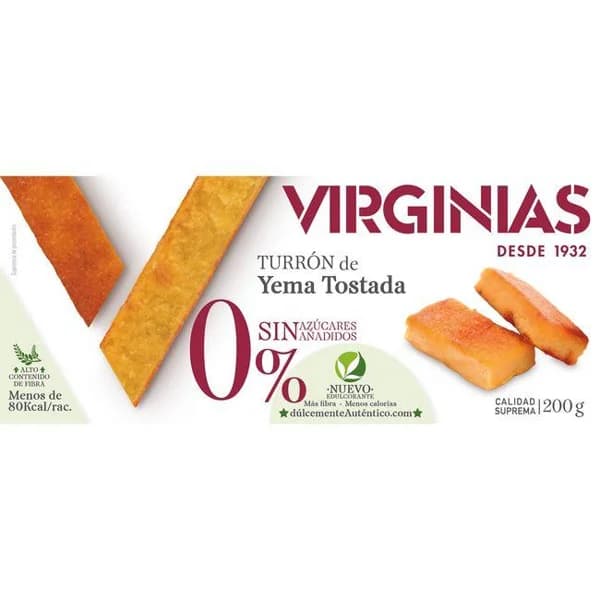 Turrón sin azúcar yema tostada VIRGINIAS, tableta 200 g - 1 ud - Imagen del producto en Findit