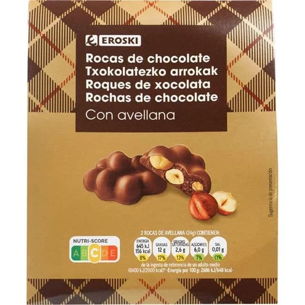 Rocas de avellana con chocolate c/ leche EROSKI, caja 120 g - 1 ud - Imagen del producto en Findit