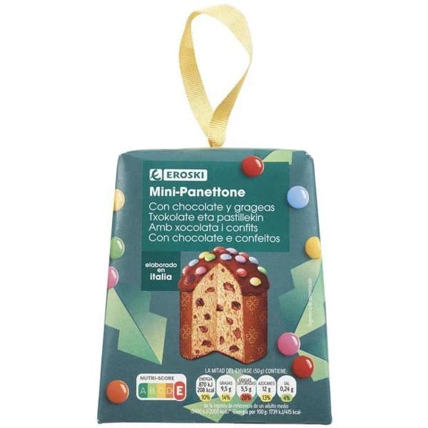 Mini panettone con pepitas choco y smarties EROSKI, caja 100 g - 1 ud - Imagen del producto en Findit