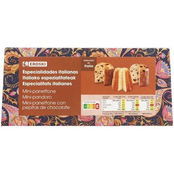 Mini panetone+mini pandoro+mini panetone choco EROSKI, 260 g - 1 ud - Imagen del producto en Findit