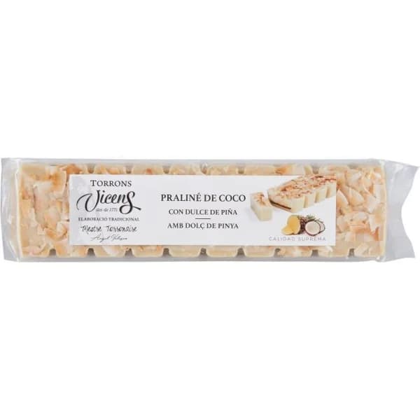 Turrón praliné de coco y dulce de piña VICENS, tableta 300 g - 1 ud - Imagen del producto en Findit