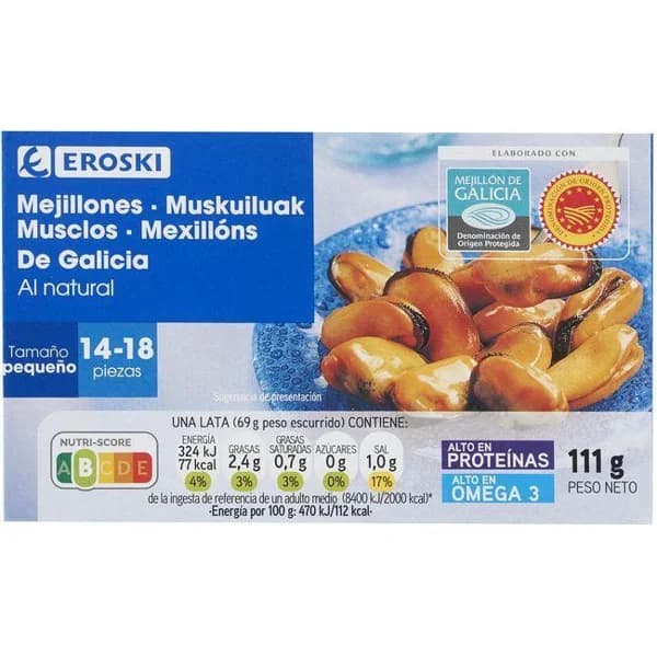 Mejillón al natural de Galicia EROSKI, lata 69 g - 1 ud - Imagen del producto en Findit