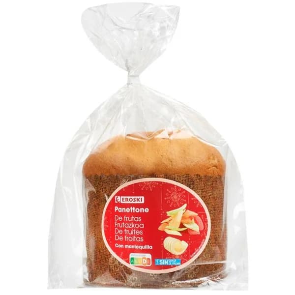 Panettone de mantequilla con fruta EROSKI, 1 ud, 350 g - 1 ud - Imagen del producto en Findit