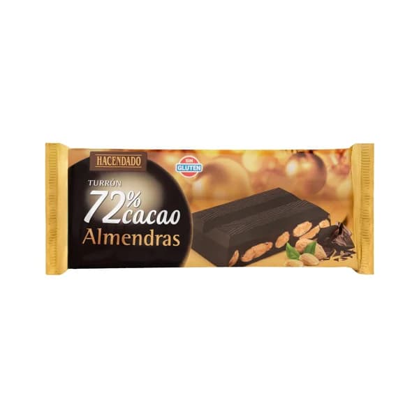 Turrón de chocolate negro 72% Hacendado con almendras - 1 ud - Imagen del producto en Findit