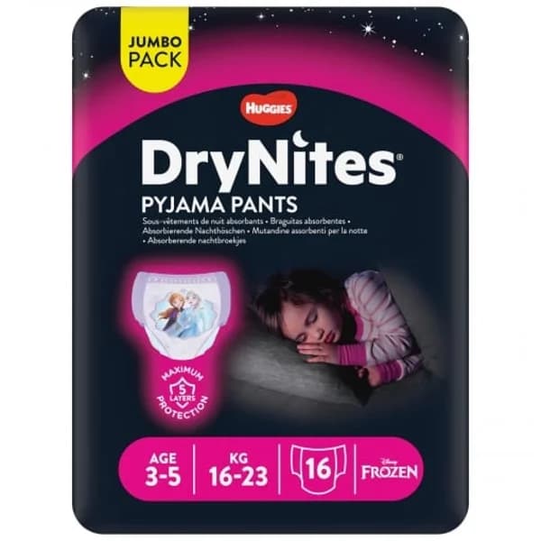 Ropa interior absorbente niña noche DryNites 3-5 años (16kg-23 kg.) 16 ud. - 16.09 ud - Imagen del producto en Findit