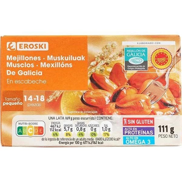 Mejillón en escabeche de Galicia 14/18 EROSKI, lata 111 g - 1 ud - Imagen del producto en Findit