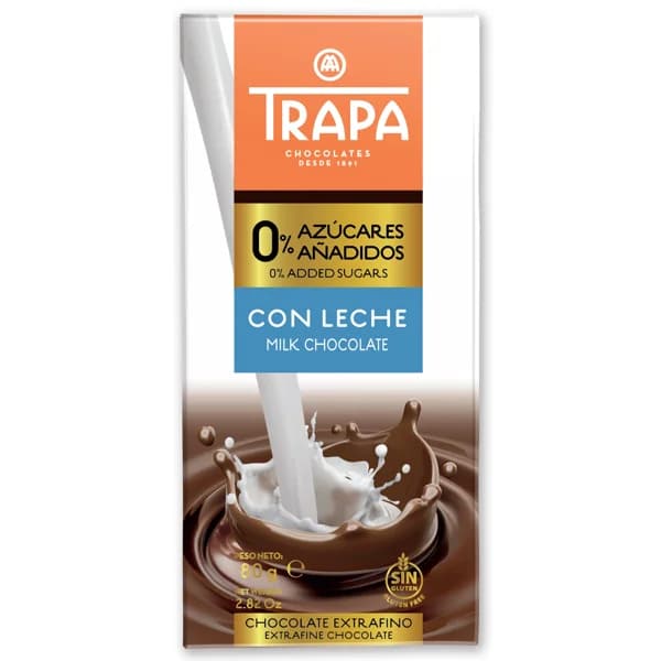 Chocolate con leche 0% sin azúcares añadidos Trapa 80 g - 1 ud - Imagen del producto en Findit
