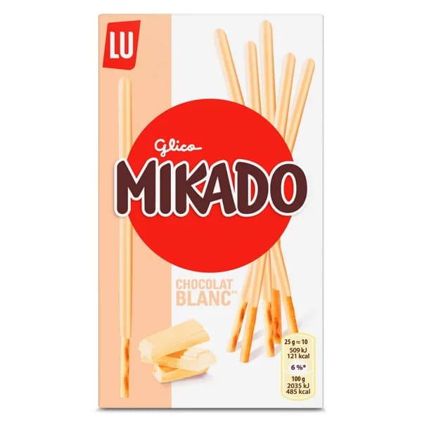 Palitos de galleta recubiertos de chocolate blanco Mikado caja 70 g - 1 ud - Imagen del producto en Findit