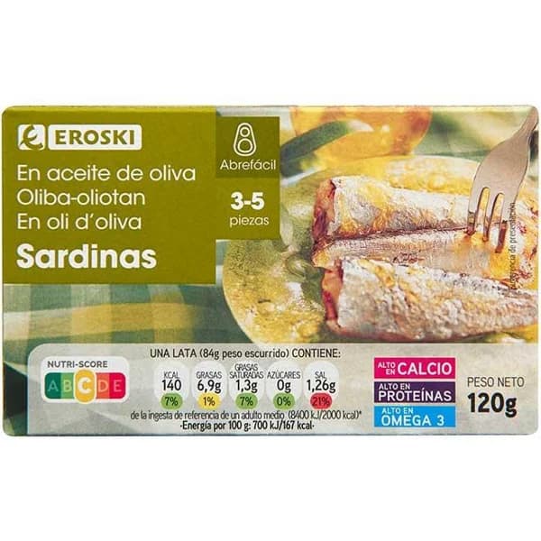 Sardina en aceite de oliva 3/5 piezas EROSKI, lata 115 g - 1 ud - Imagen del producto en Findit