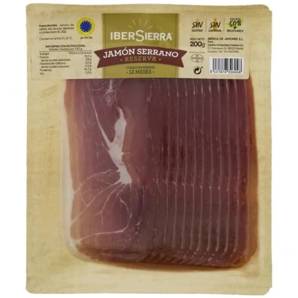 Jamón Curado Reserva en lonchas IberSierra sin gluten y sin lactosa 180 g - 0.2 kg - Imagen del producto en Findit