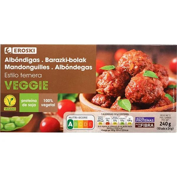 Albóndigas estilo ternera vegana EROSKI VEGGIE, caja 240 g - 1 ud - Imagen del producto en Findit