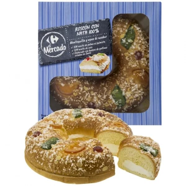 Roscón de Reyes mediano relleno de Nata Carrefour Extra 800 g - 1 ud - Imagen del producto en Findit