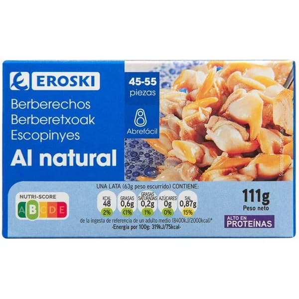 Berberecho 45/55 piezas EROSKI, lata 63 g - 1 ud - Imagen del producto en Findit