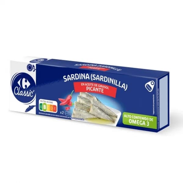 Sardinillas en aceite de girasol picantes Classic Carrefour pack de 2 unidades de 65 g. - 0.13 kg - Imagen del producto en Findit