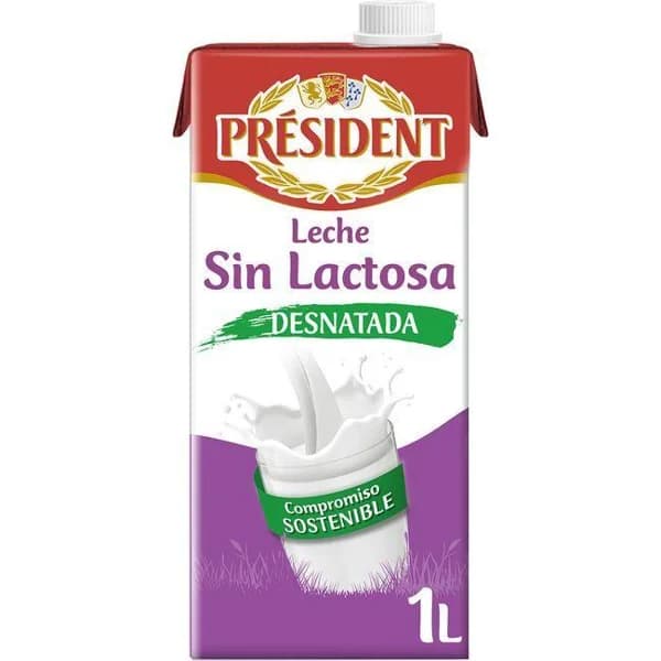 Leche sin lactosa desnatada PRESIDENT, brik 1 litro - 1 l - Imagen del producto en Findit