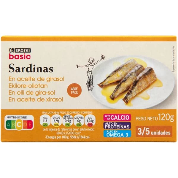 Sardina en aceite de girasol EROSKI BASIC, lata 115 g - 1 ud - Imagen del producto en Findit