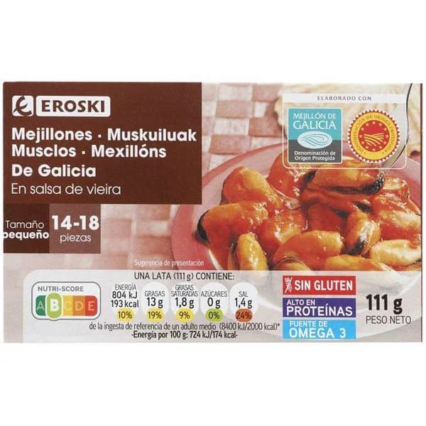 Mejillón en salsa de vieira de Galicia EROSKI, lata 111 g - 1 ud - Imagen del producto en Findit