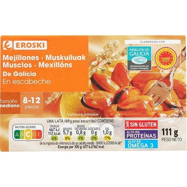 Mejillón en escabeche de Galicia 8/12 EROSKI, lata 111 g - 1 ud - Imagen del producto en Findit