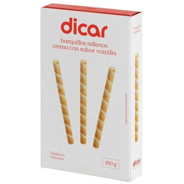 Barquillos rellenos de crema de vainilla DICAR, caja 150 g - 1 ud - Imagen del producto en Findit