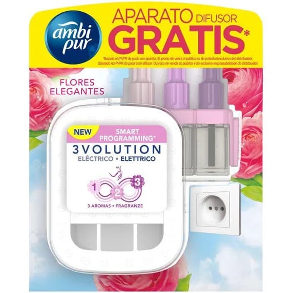 Ambientador eléct. flores 3 vol AMBIPUR, aparato+recambio 21 ml - 1 ud - Imagen del producto en Findit