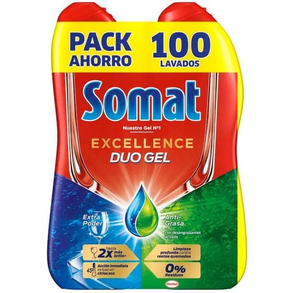 Lavavajillas gel excell antigrasa SOMAT, pack 2x50 dosis - 1 ud - Imagen del producto en Findit