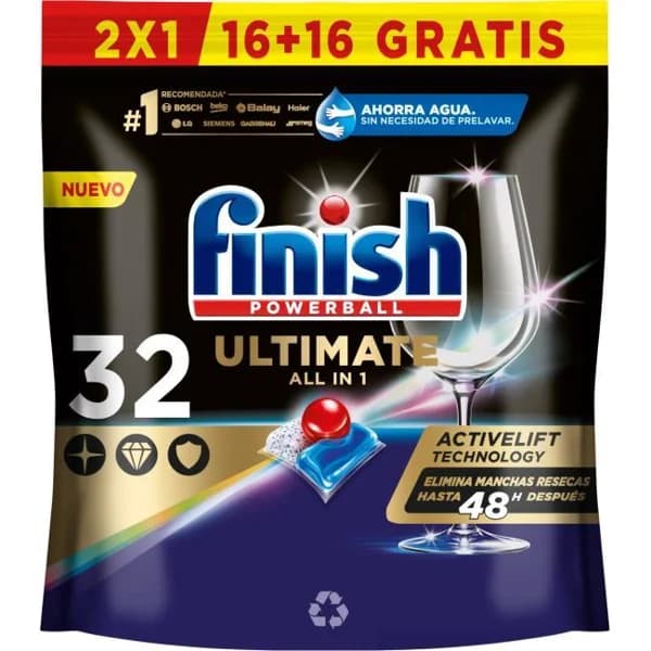 Lavavajillas máquina FINISH ULTIMATE, bolsa 16+16 dosis - 16 ud - Imagen del producto en Findit